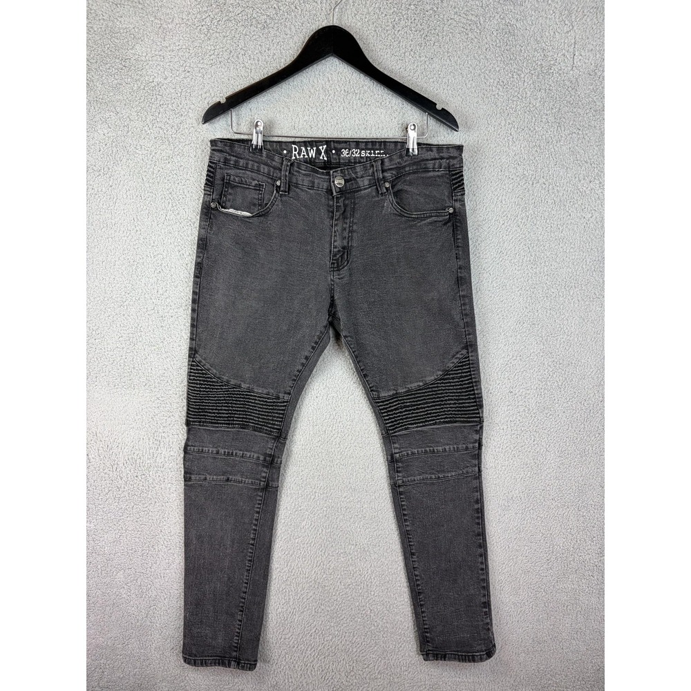 RAW X Jeans Mens 36x32 Gray Charcoal Wash Skinny Stretch Moto Denim Pants Men